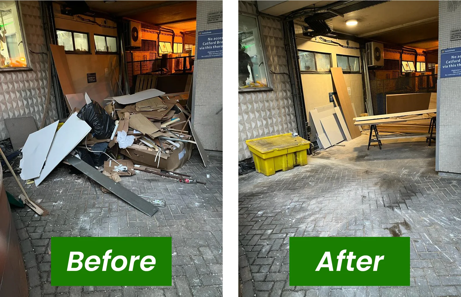Before and after photos of a space cleared by 24 Waste